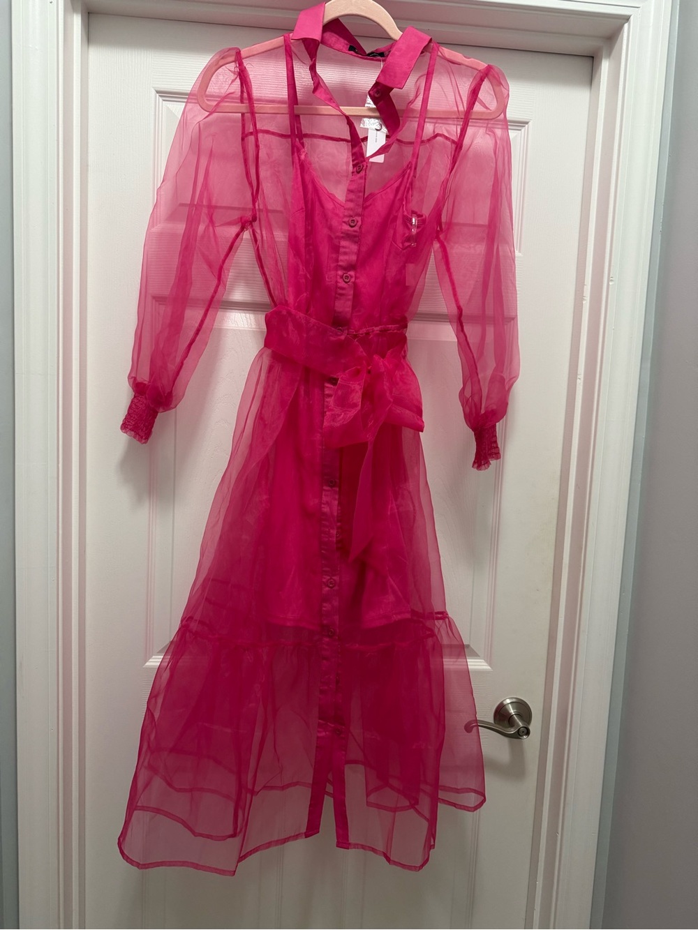 Sheer Tie-Waist Long Sleeve Midi Dress in Hot Pink